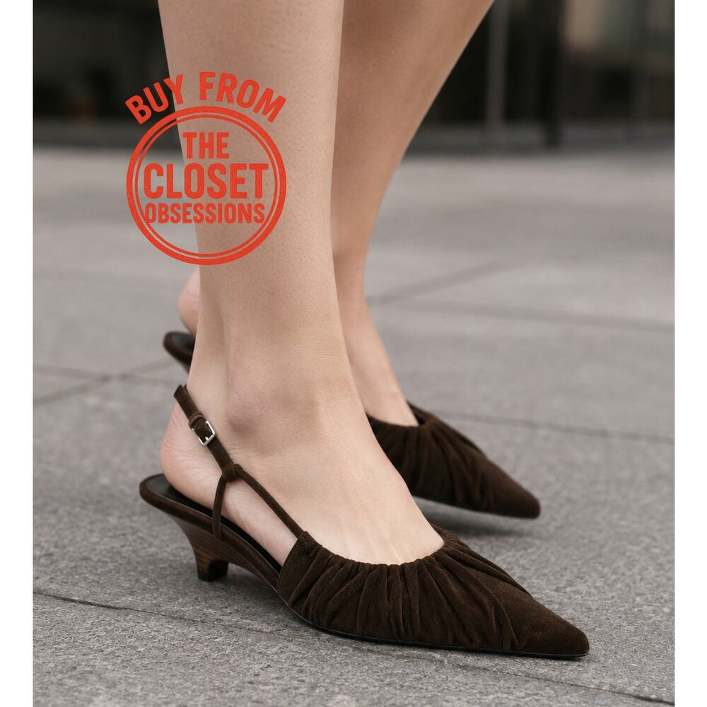 Zara NWT Brown Velvet Ruched Pointed Toe Slingback Kitten Heels 7.5 - Picture 3 of 16